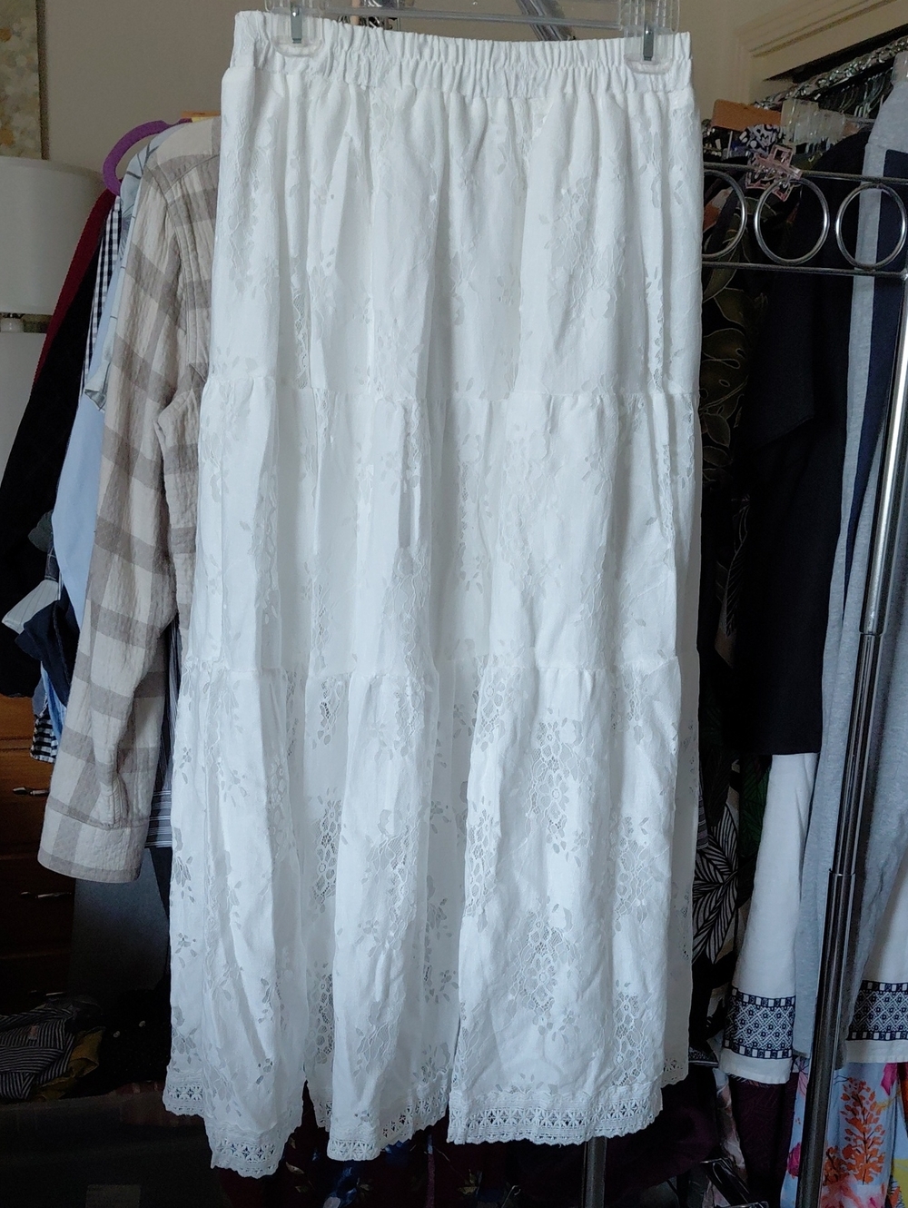 White Lace Tiered Maxi Skirt with Elastic Waist